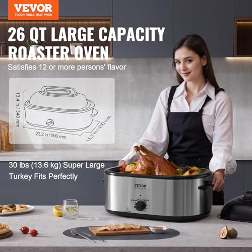 VEVOR Electric Roaster Oven, 26 QT Turkey Roaster Oven with Self-Basting Lid, 1450W Roaster Oven with Defrost & Warm Function, Adjustable Temperature, Removable Pan & Rack, Fits Turkeys Up to 30LBS