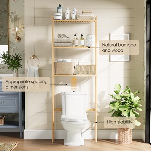 QSN SILK LU 3 Tier Over The Toilet Organizer Rack Bamboo, Freestanding Bathroom Toilet Storage Shelf, Space Saving and Easy to Install, Adjustable Feet, Adjustable Bottom Rod