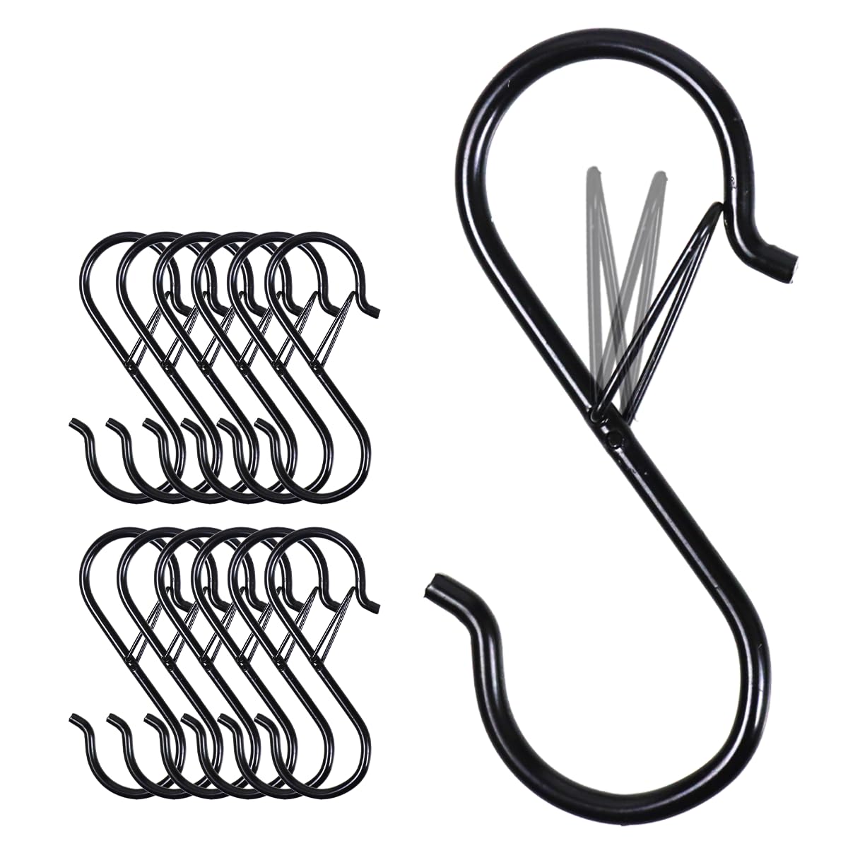 Larmstom 6 S-Hooks with Safety Clasps, Rustproof Coated S Metal Hooks for Hanging Plants, Kitchen Utensils, Jeans, Bags, Pots and Pans, 3.5-Inch, Black