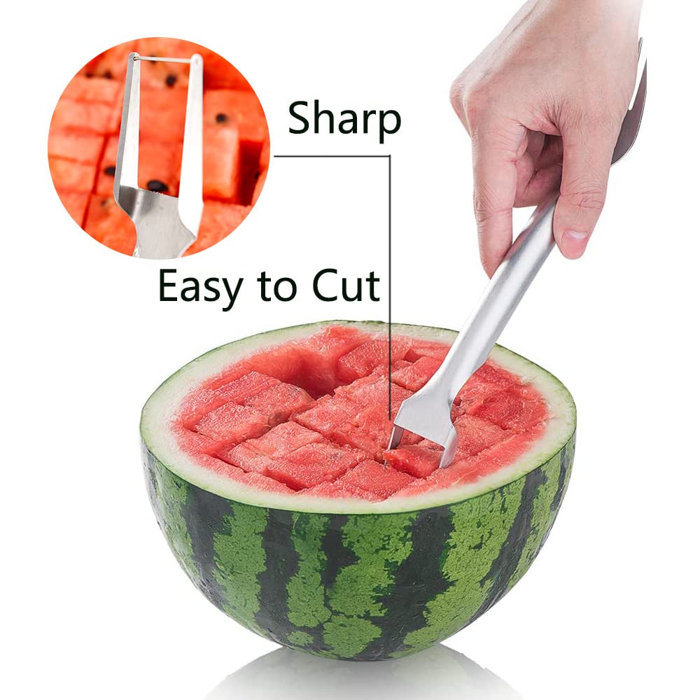 4-Pack 2-in-1 Watermelon Fork Cutter, 2024 New Watermelon Slicer Tools for Family Gatherings, Summer Watermelon Cutter, Fruit and Vegetable Tools, Stainless Steel Fruit Fork Cutter Knife for Camping