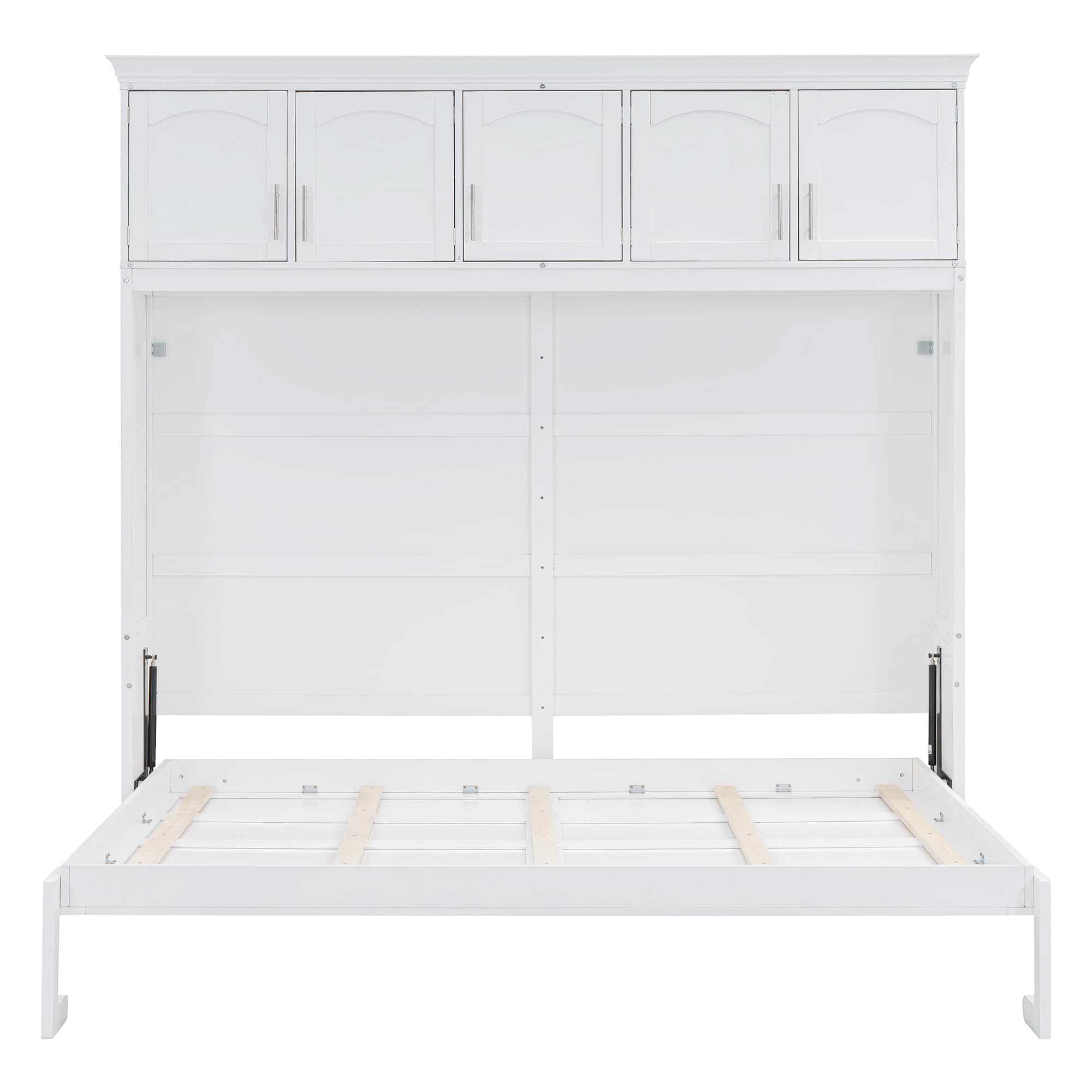 Merax Modern Farmhouse Solid Wood Murphy Bed Chest with Top Cabinets, Tall Wall Platform Bed Space Saving/Wood Slat Support Full,White