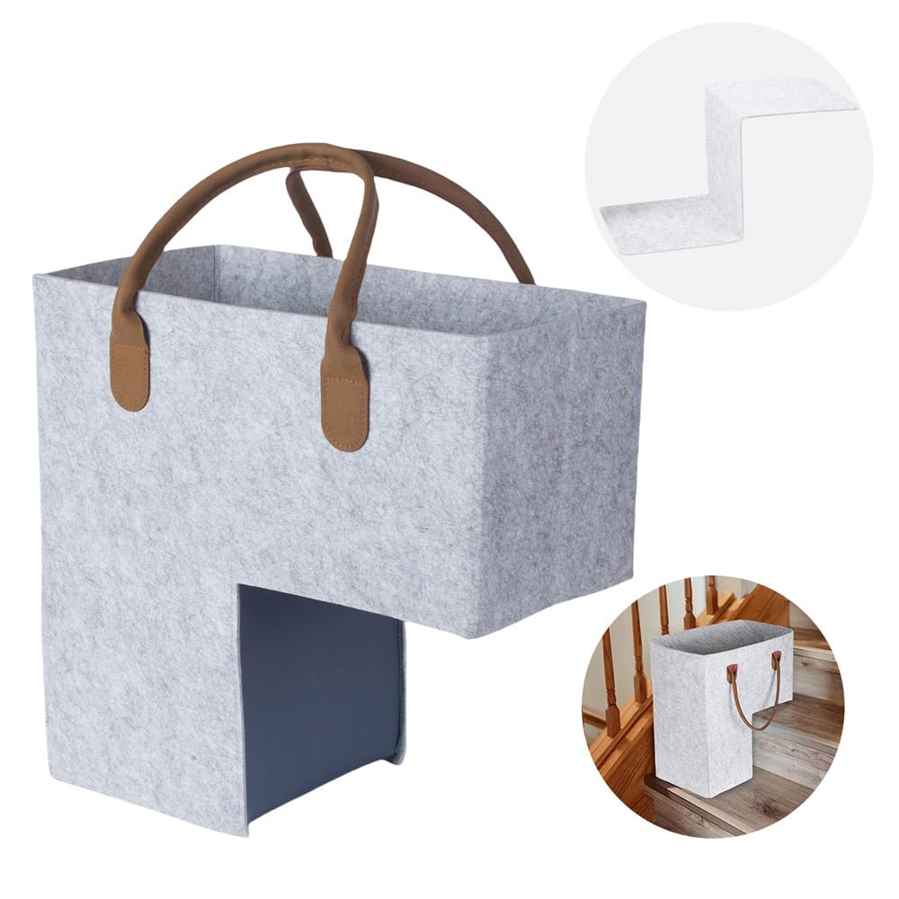 Levier Stair Basket with Leather Handles,Eco-Friendly Premium Felt Staircase Baskets for Carpeted and Wooden Stairs,Stair Step Storage Organizer for Home and Office Decor (New Light Grey)