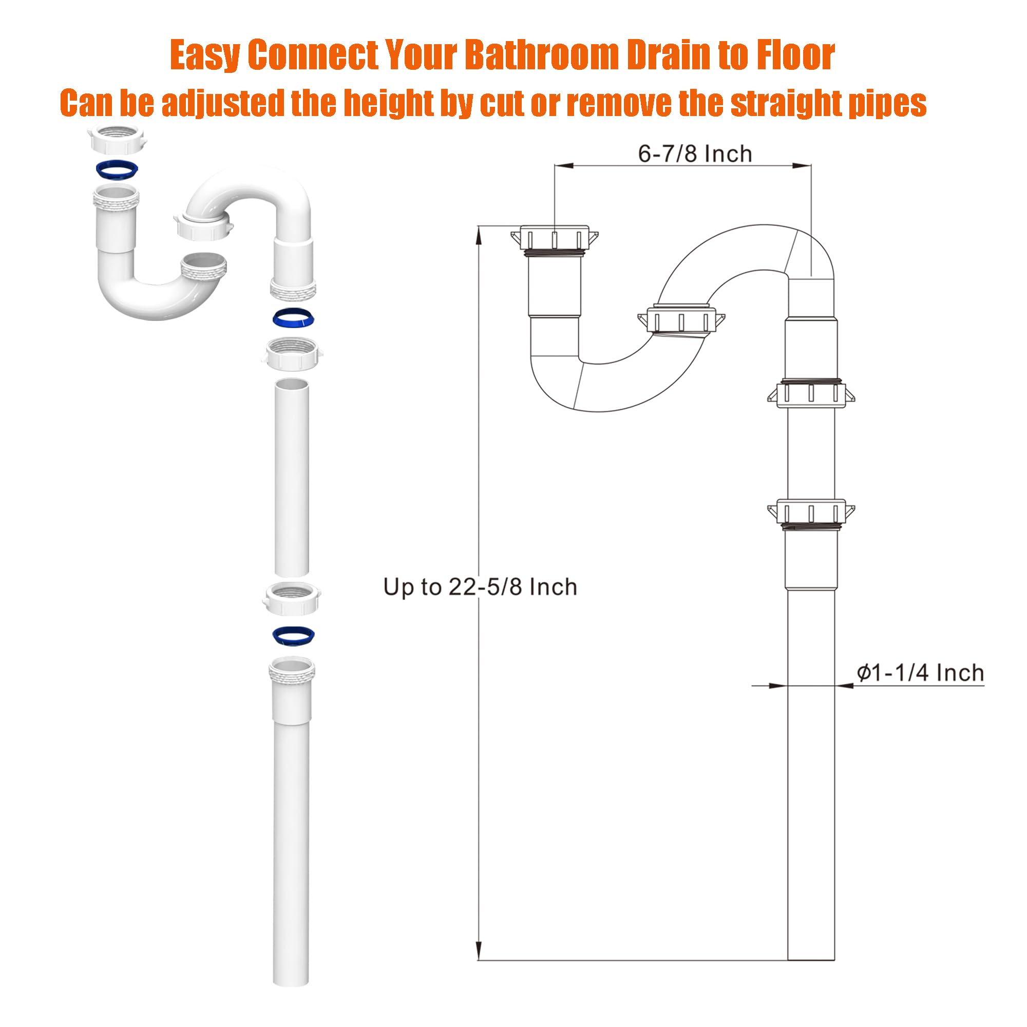 Bathroom Sink Drain Kit,1-1/4” Sink Drain Kit for Most Bathroom Sink Drain Repair Kit and Kitchen Sink Drain Kit,1-1/4” P Trap or S Trap Sink Plumbing Kit,Sink Pipe Replacement Kit