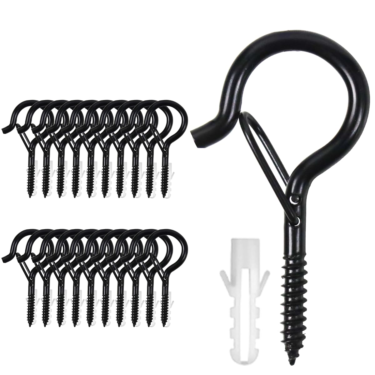 Larmstom Black Screw Hooks, 10 Pack Heavy Duty Vinyl Coated Hanging Hooks with Safety Buckle & Expansion Tube for Kitchen/Home/Outdoor/Indoor