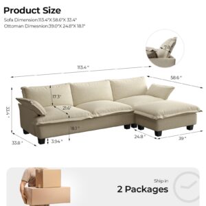 COPIAE L Shaped Sofa with Chaise, Convertible Sectional Sofa, 113 Inch Oversize Couch for Living Room, Modern Cloud Couch with Deep Seat, Velvet Fabric and Removable Ottoman, Beige Furniture Set