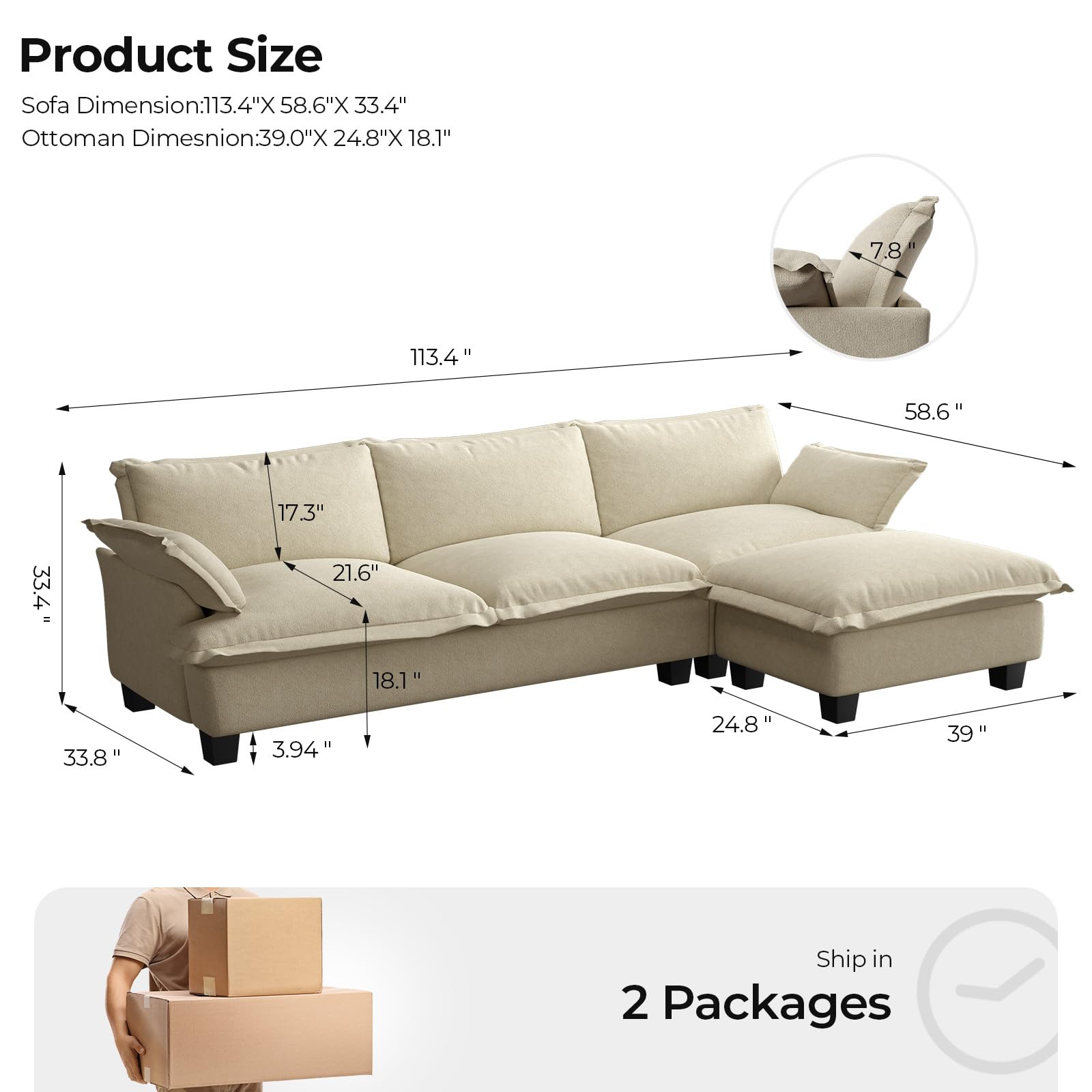 COPIAE L Shaped Sofa with Chaise, Convertible Sectional Sofa, 113 Inch Oversize Couch for Living Room, Modern Cloud Couch with Deep Seat, Velvet Fabric and Removable Ottoman, Beige Furniture Set