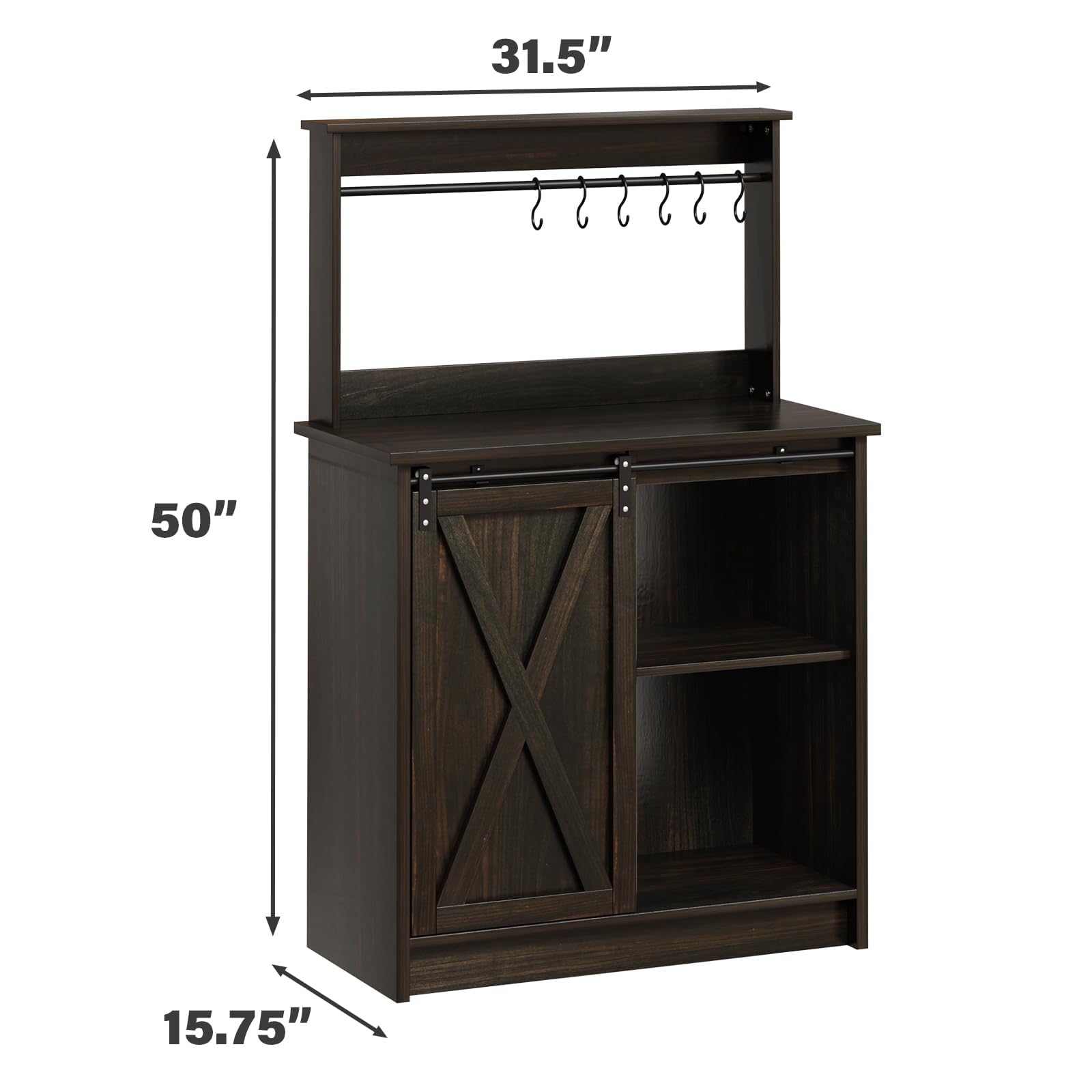 4ever2buy Farmhouse Coffee Bar Cabinet with Hutch, 50’’ Coffee Bar with Sliding Barn Door & 6 Hooks, Coffee Bar Hutch with Adjustable Shelves for Living Dining Room, Dark Oak