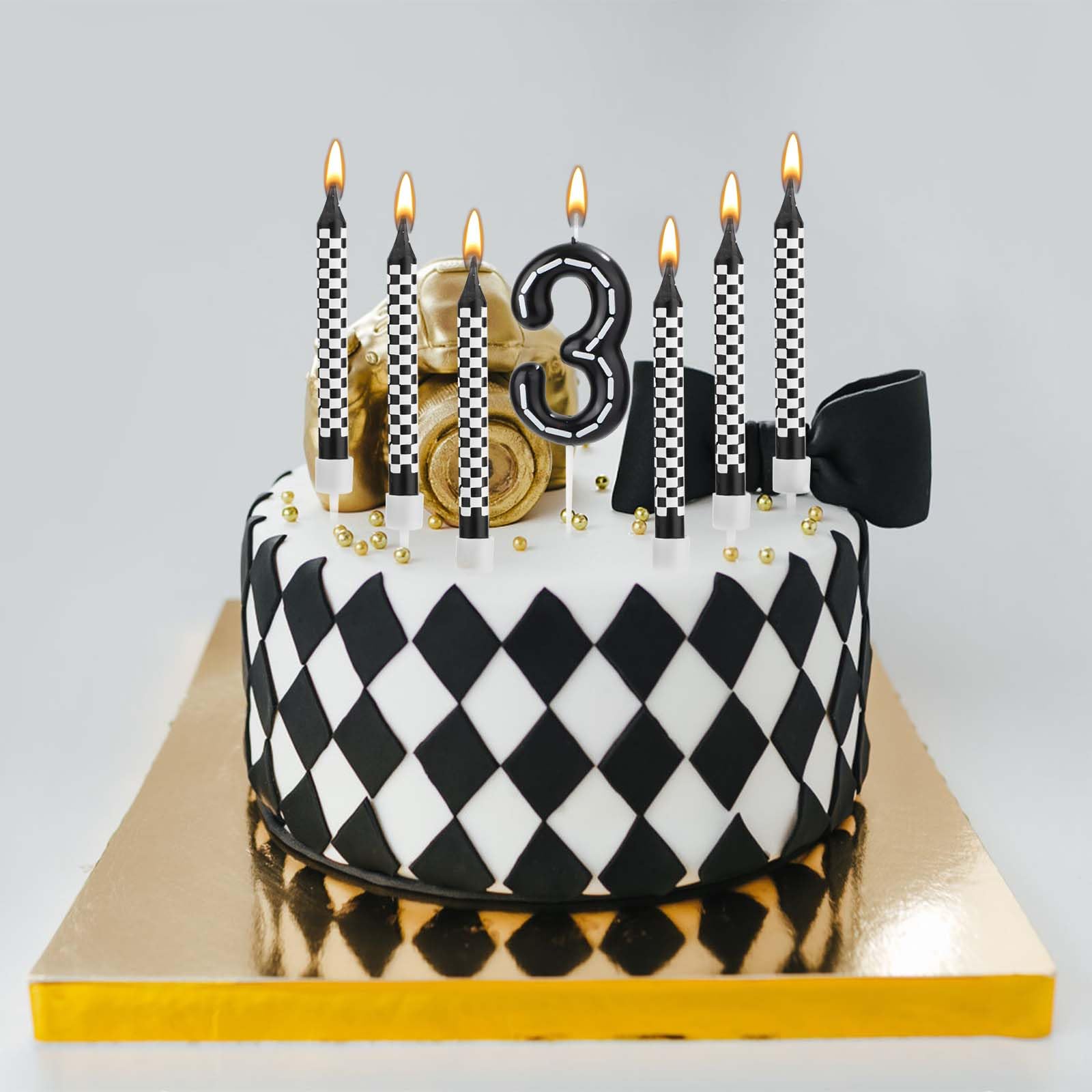 13pcs Racing Cars Themed Birthday Candles, Black and White Checkered Race Car Candles Birthday Cake Numeral Candle Cake Topper for Party Decoration Baby Shower Party Supplies (Number 3)