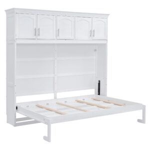 Merax Farmhouse Solid Wood Murphy Bed Chest with Top Cabinets, Storage Wall Platform Bed with Wood Slat Support/Space Saving Queen,White