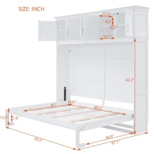 Merax Farmhouse Solid Wood Murphy Bed Chest with Top Cabinets, Storage Wall Platform Bed with Wood Slat Support/Space Saving Queen,White