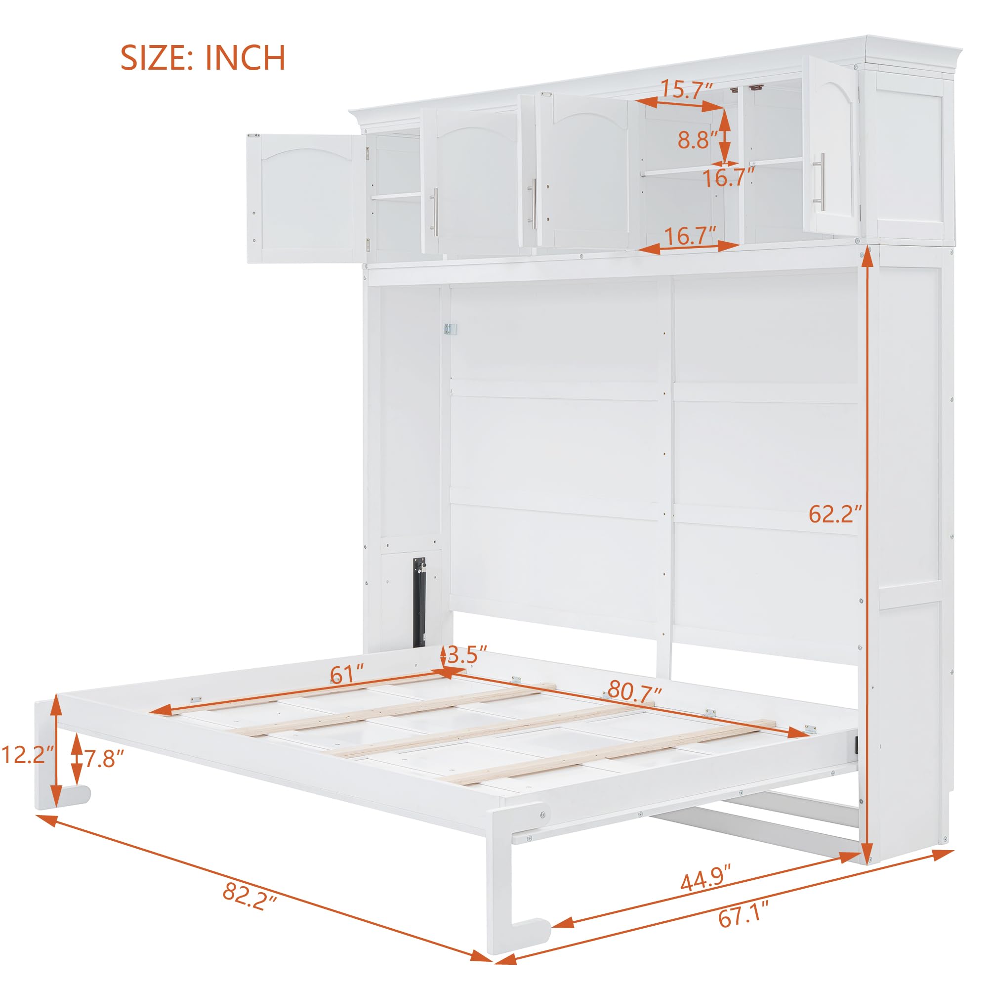 Merax Farmhouse Solid Wood Murphy Bed Chest with Top Cabinets, Storage Wall Platform Bed with Wood Slat Support/Space Saving Queen,White