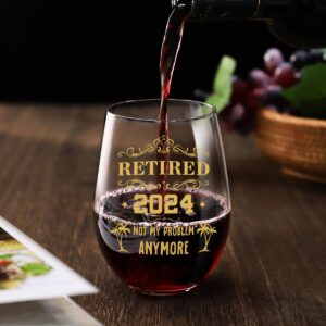 Retirement Gifts for Women Men- Retired 2024 Not My Problem Anymore Happy Retirement Gifts for Her Him Colleague Leader Boss Teacher Friend Nurse Coworker Retirement Wine Glass & Bottle Gift Bag Set