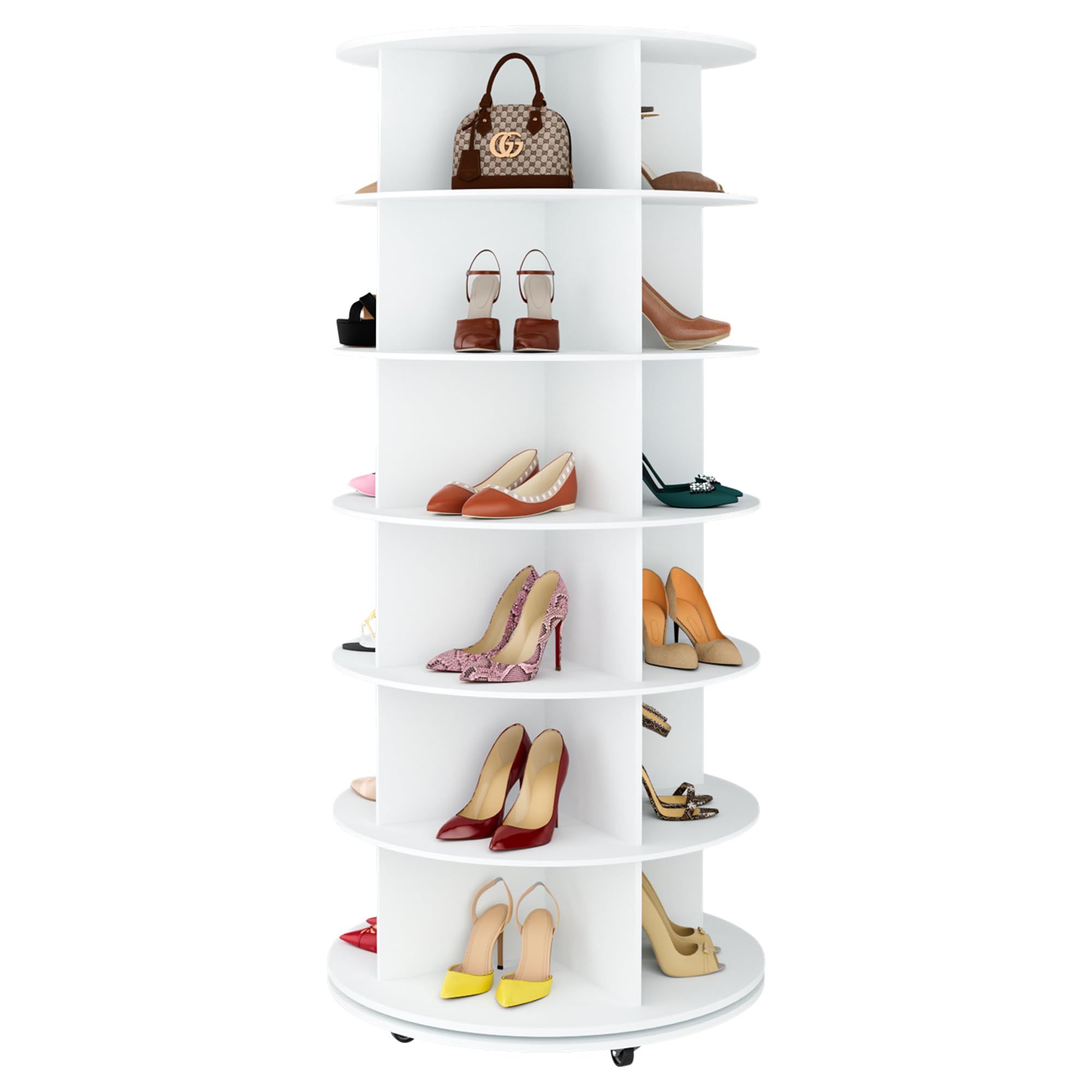 Gujiam 6-Tier Rotating Shoe Rack Tower 360 with Wheels, 57.5in Spinning Shoe Rack, Revolving Shoe Rack, Shoe Carousel Closet Organizer, Free Standing Shoe Rack for Entryway Living Room Hallway White