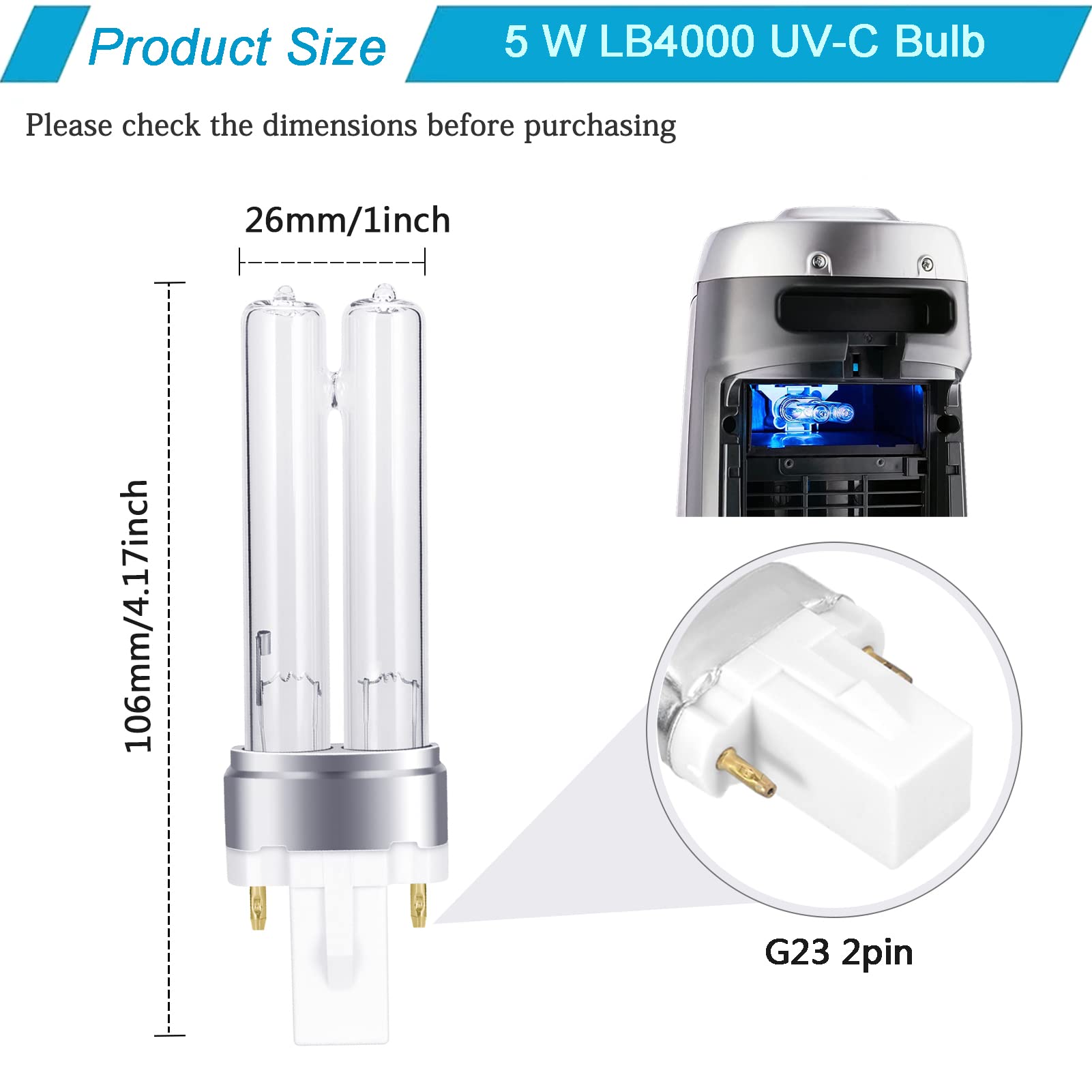 CMYBEN 2 Pack 5W Replacement Bulb for Germ Guardian Air Purifiers LB4000, AC4300BPTCA, AC4825, AC4850PT & AC4900CA