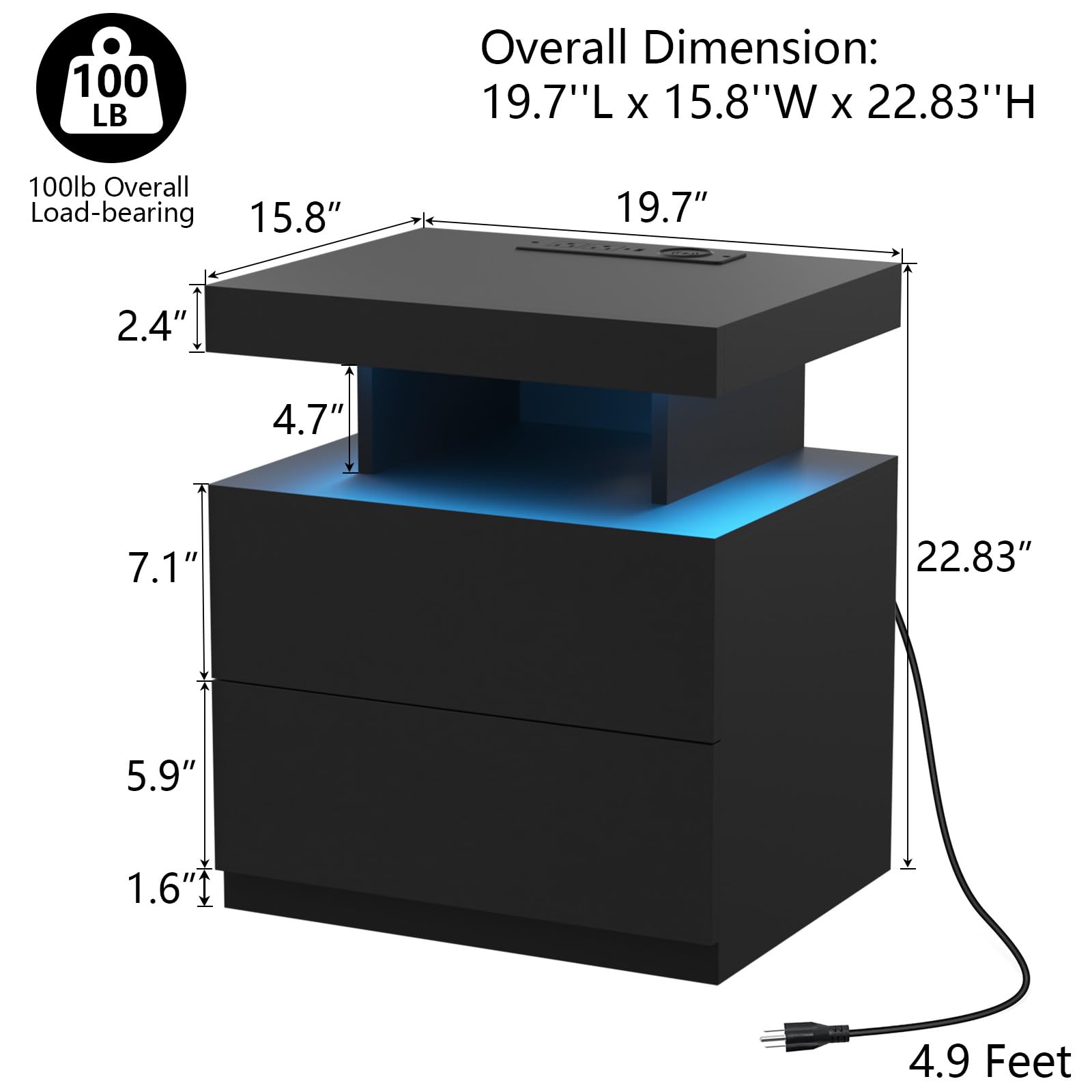 HOMMPA LED Nightstand with Wireless Charging Station & USB Ports High Gloss Bedside Table with LED Light RGB Adjustable Brightness Smart Nightstand 2 Drawers Night Stand for Bedroom Black