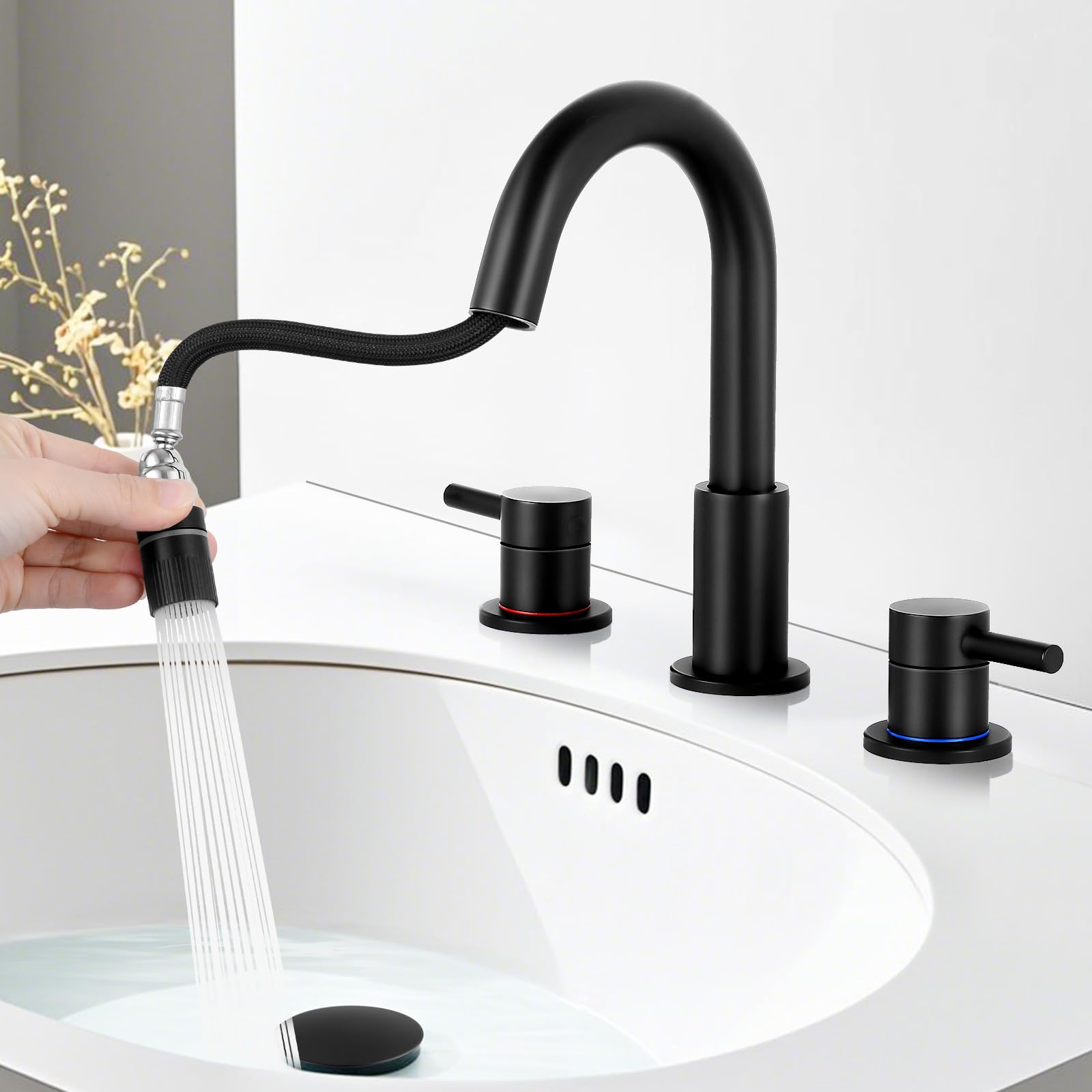 LTUBDI Bathroom Faucets for Sink 3 Hole 8 Inch Widespread Bathroom Sink Faucet Matte Black Pull Down Bathroom Faucet 2 Handle with Pop-up Drain