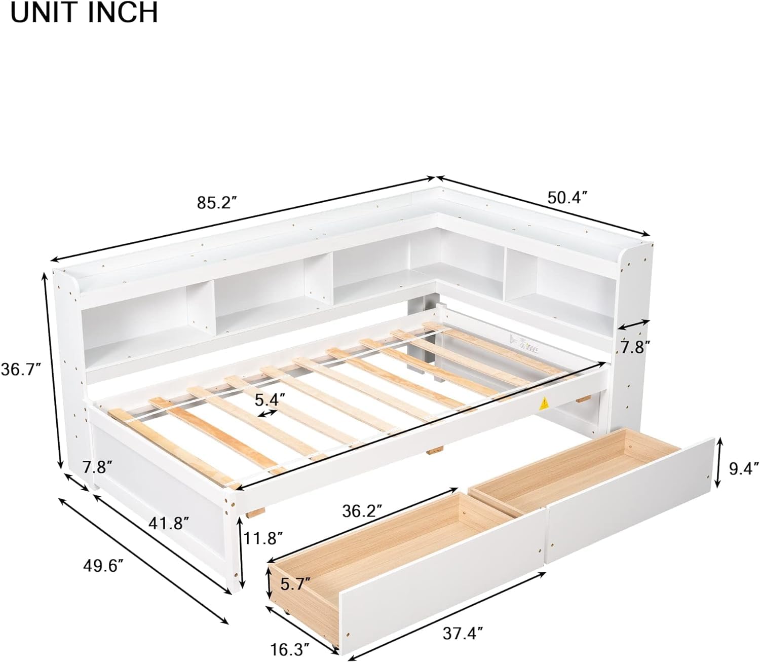 DEINPPA Twin Size Bookcase Bed, L Shape Captain Bed Frame with Storage Drawers, Wooden Platform Bed with Bookcase Headboard, Hug Bed Frame for Kids Teens Boys Girls-White