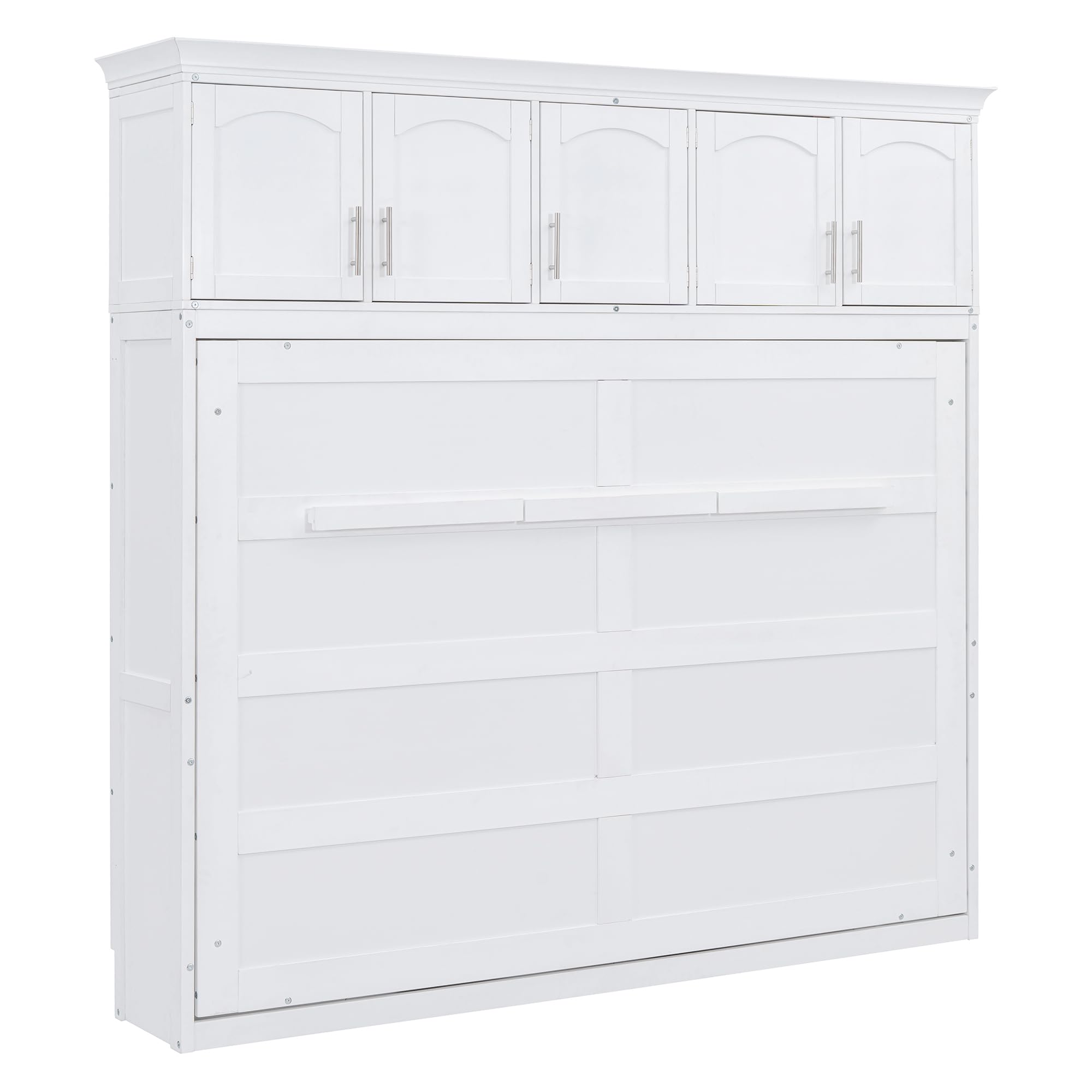 Merax Farmhouse Solid Wood Murphy Bed Chest with Top Cabinets, Storage Wall Platform Bed with Wood Slat Support/Space Saving Queen,White