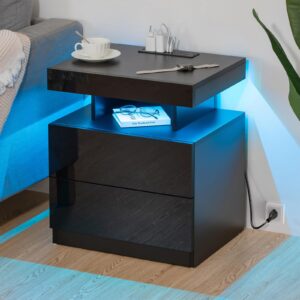 HOMMPA LED Nightstand with Wireless Charging Station & USB Ports High Gloss Bedside Table with LED Light RGB Adjustable Brightness Smart Nightstand 2 Drawers Night Stand for Bedroom Black