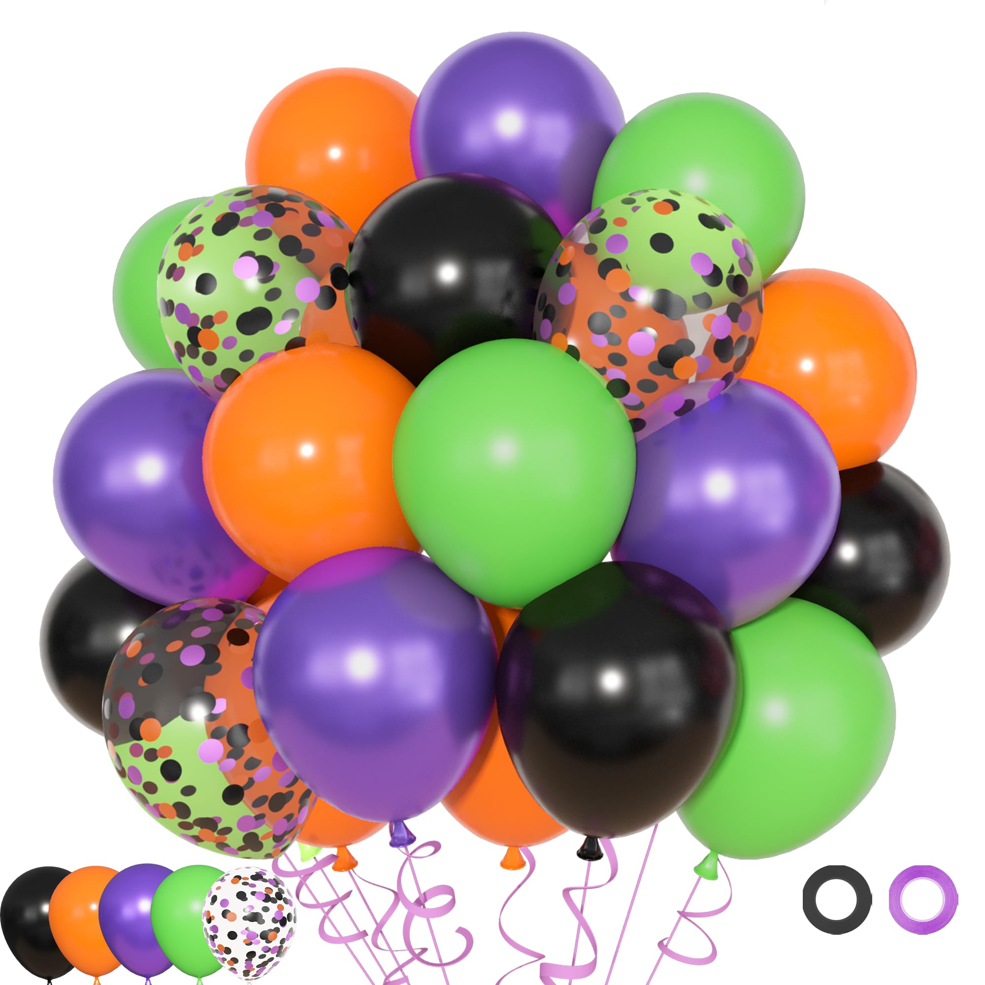 72Pcs Halloween Latex Balloons Kit,12inch Orange Black Purple Green Confetti Balloons Halloween Decorations for kids Halloween Celebration Party Decor