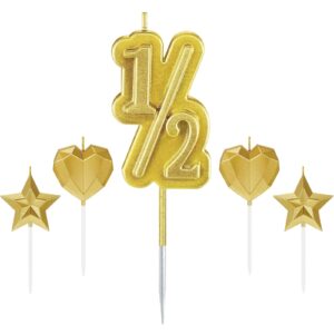 gold half birthday candle, 1/2 year old cake topper for baby's half year old birthday anniversary celebration party decorations baby cake topper