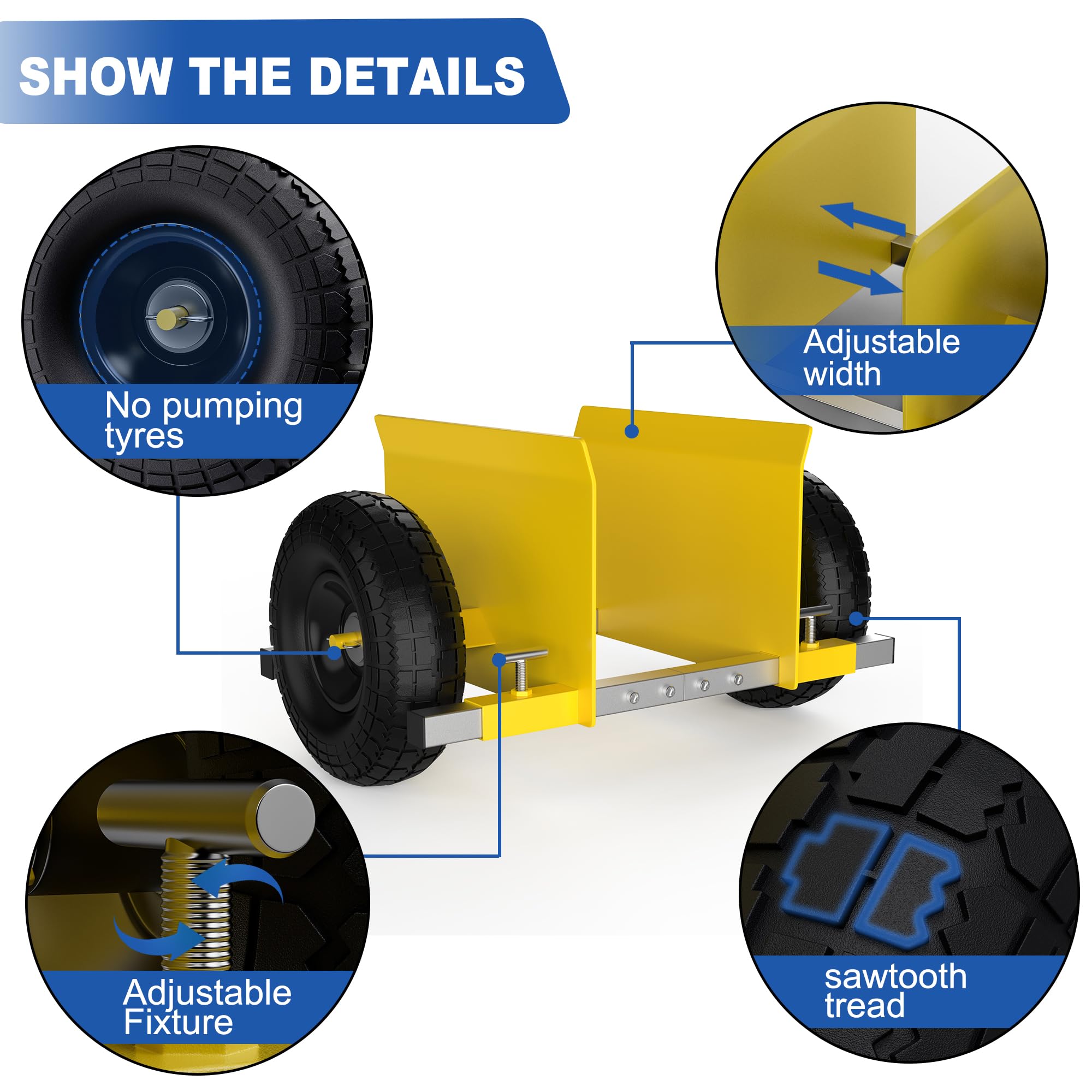 Moving Adjustable Dolly, 2 × 10" Heavy Duty Solid Rubber Tires Wheels 1000LBS Load Capacity for Panel/Slab/Plywood/Door/Granite/Drywall Material Handling and More - Yellow