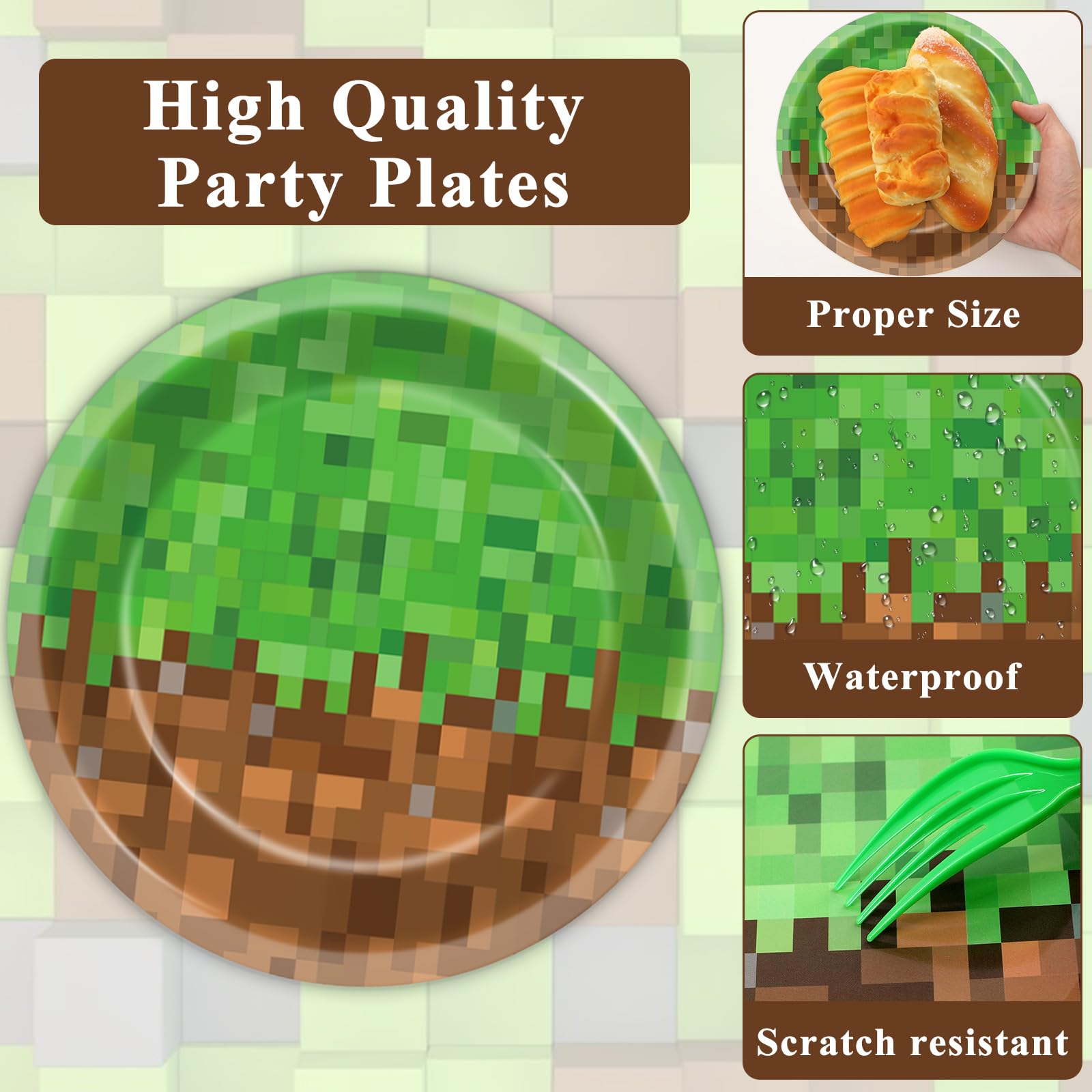 Qyeahkj 100Pcs Pixel Party Decorations Gamer Party Supplies Video Game Birthday Plates and Napkins for Mining Pixel Party Mining Craft Disposable Tableware Baby Shower Birthday Decor for 25 Guests