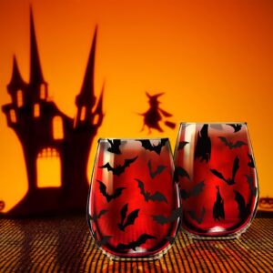 Whaline Halloween Wine Glasses Set of 2 Bat Stemless Wine Glasses 15 Oz Halloween Party Drinking Glasses for Trick or Treat Birthday Party