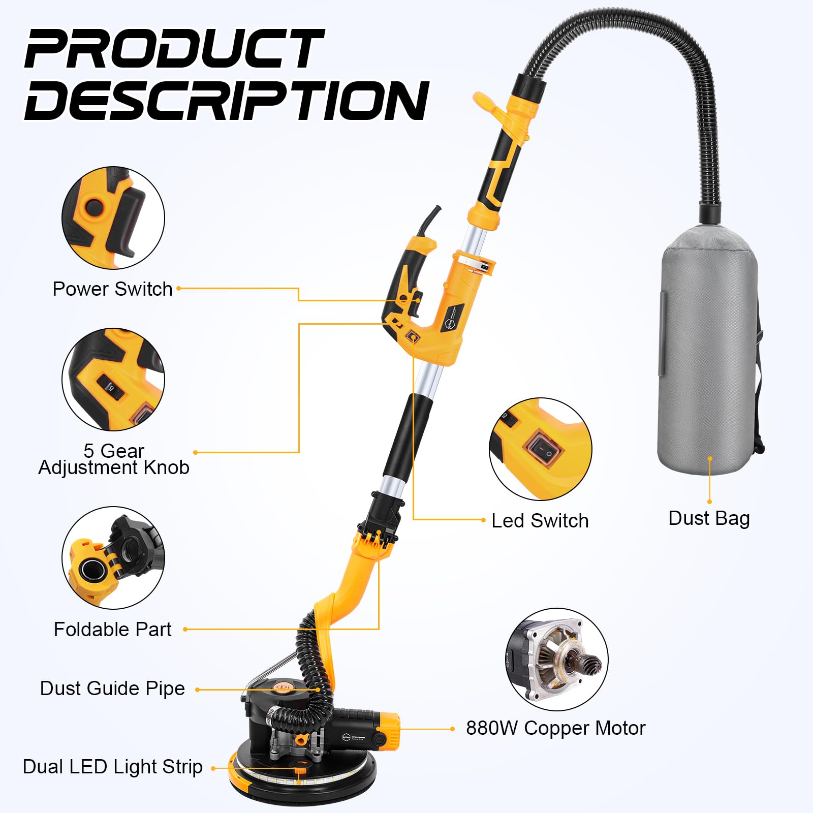 Gyfent Drywall Sander, 880W 7.3-Amp Popcorn Ceiling Removal Tool with 1100-2100RPM 5 Variable Speed 12pcs Sanding Discs Electric Drywall Sander with Vacuum Dust Collector LED Light for Ceiling Sanding