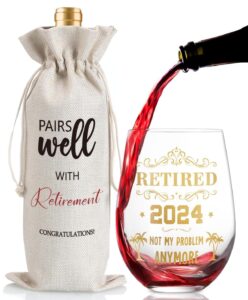 retirement gifts for women men- retired 2024 not my problem anymore happy retirement gifts for her him colleague leader boss teacher friend nurse coworker retirement wine glass & bottle gift bag set