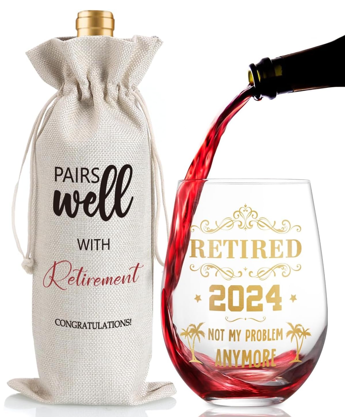 Retirement Gifts for Women Men- Retired 2024 Not My Problem Anymore Happy Retirement Gifts for Her Him Colleague Leader Boss Teacher Friend Nurse Coworker Retirement Wine Glass & Bottle Gift Bag Set