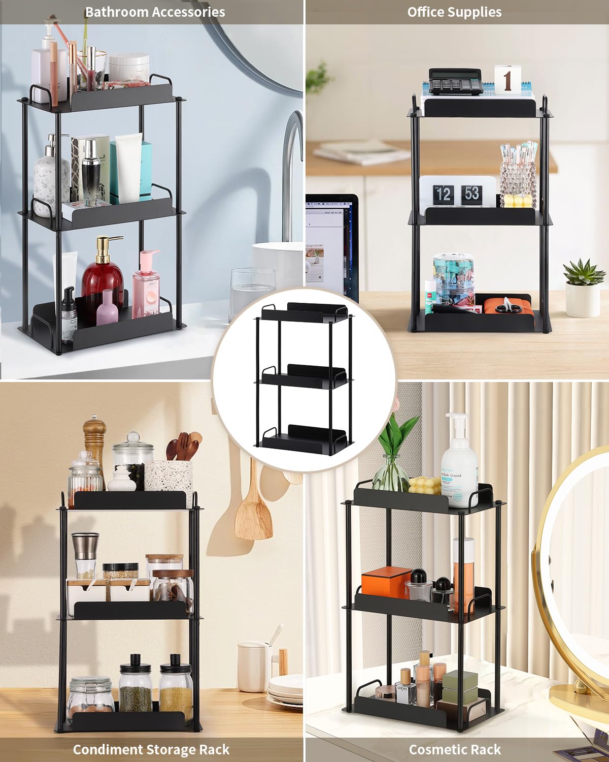 KATHY&BOB Bathroom Countertop Organizer, Make-up Desk Organization, Dressing Shelf Desktop Storage for Bathroom Cosmetic Dorm Kitchen Living Room, Multipurpose Cubicle Display Rack (Black, 3 Tiers)