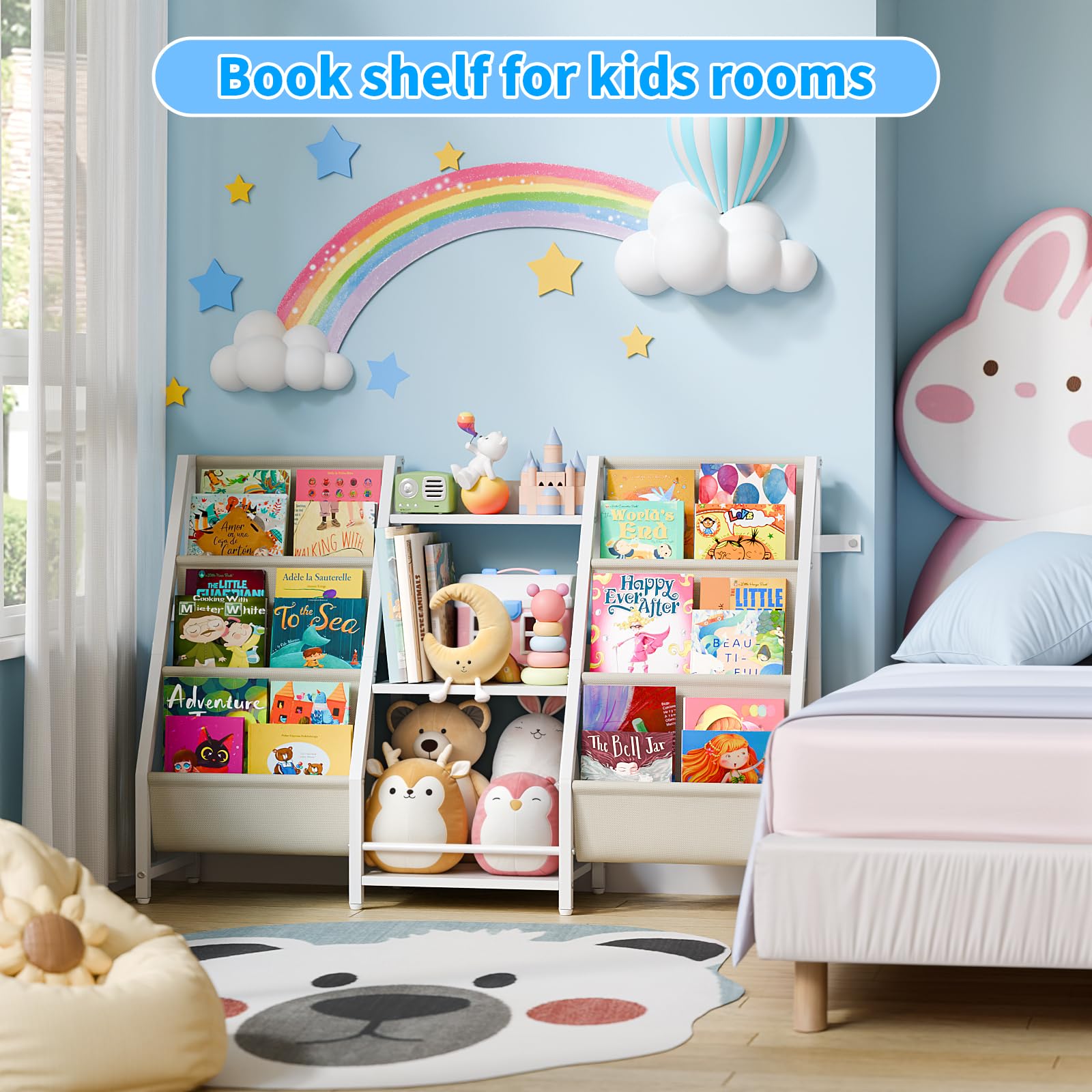 Kids Bookshelf Toy Storage Organizer - Book Shelf for Kids Rooms, 2 Sides Kids Bookcase with 3 Tired Kids Toy Storage Organizer, White Toddler Baby Bookshelf Book Shelves for Bedroom Nursery Playroom