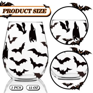 Whaline Halloween Wine Glasses Set of 2 Bat Stemless Wine Glasses 15 Oz Halloween Party Drinking Glasses for Trick or Treat Birthday Party