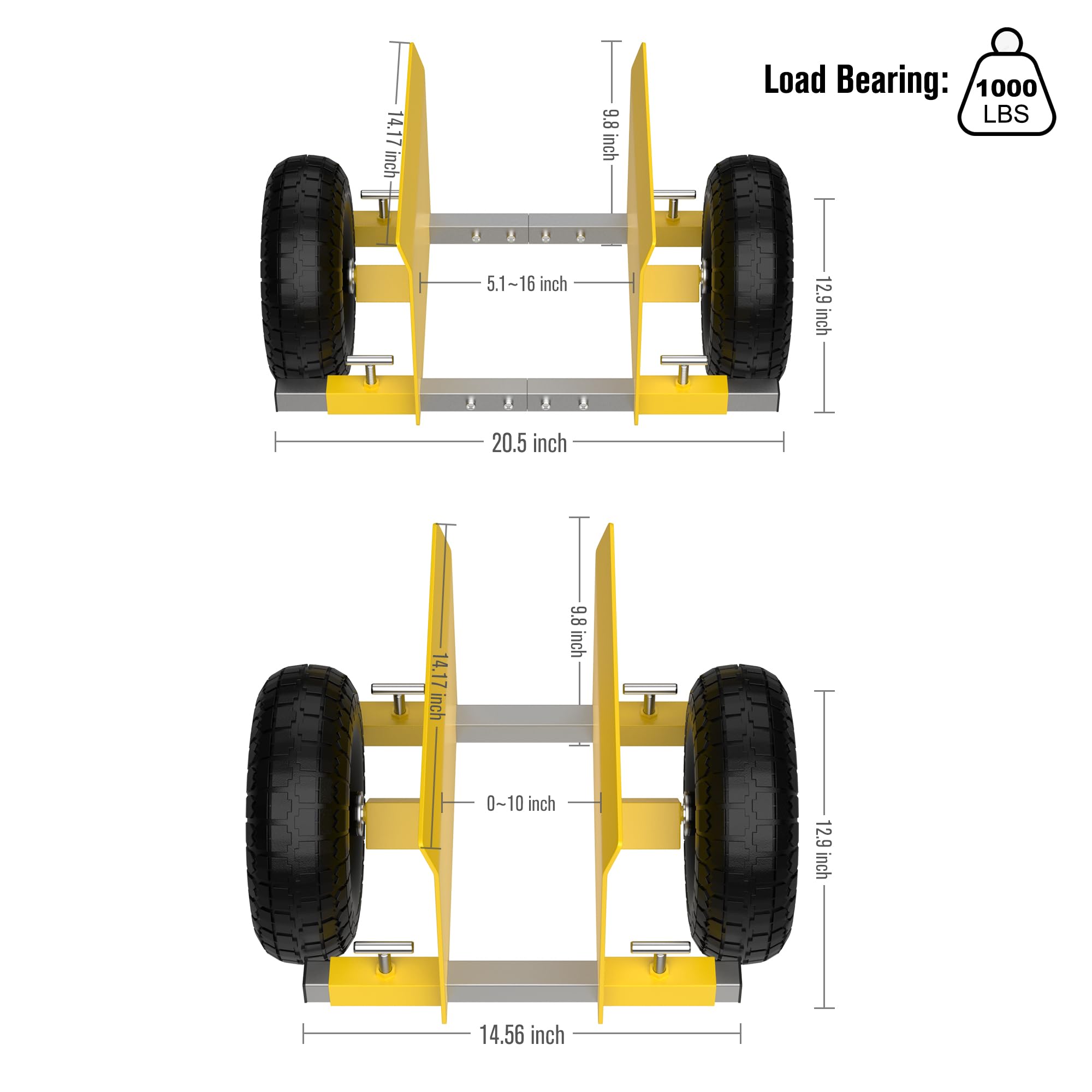 Moving Adjustable Dolly, 2 × 10" Heavy Duty Solid Rubber Tires Wheels 1000LBS Load Capacity for Panel/Slab/Plywood/Door/Granite/Drywall Material Handling and More - Yellow