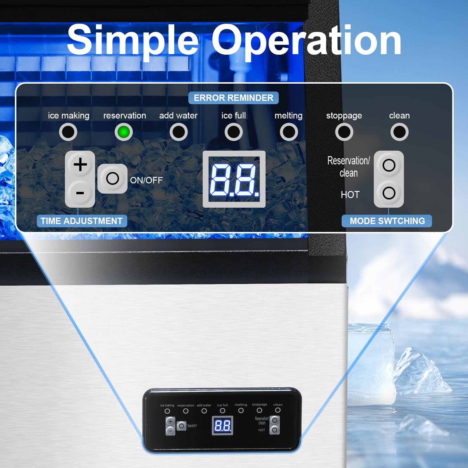 Amzgachfktch Commercial Ice Maker 120lbs/24H Ice Maker Machine with 2 Water Inlets, Under Counter Ice Maker with 30lbs Storage, Freestanding Ice Machine Includes Water Filter, Scoop, Connection Hoses