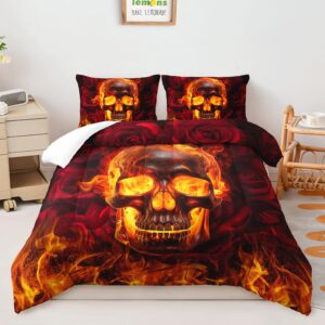 ailonen sugar skull comforter set twin size,red and black fire skull bedding set,romantic red rose gothic skeleton comforter with 2 pillowcases,3-piece