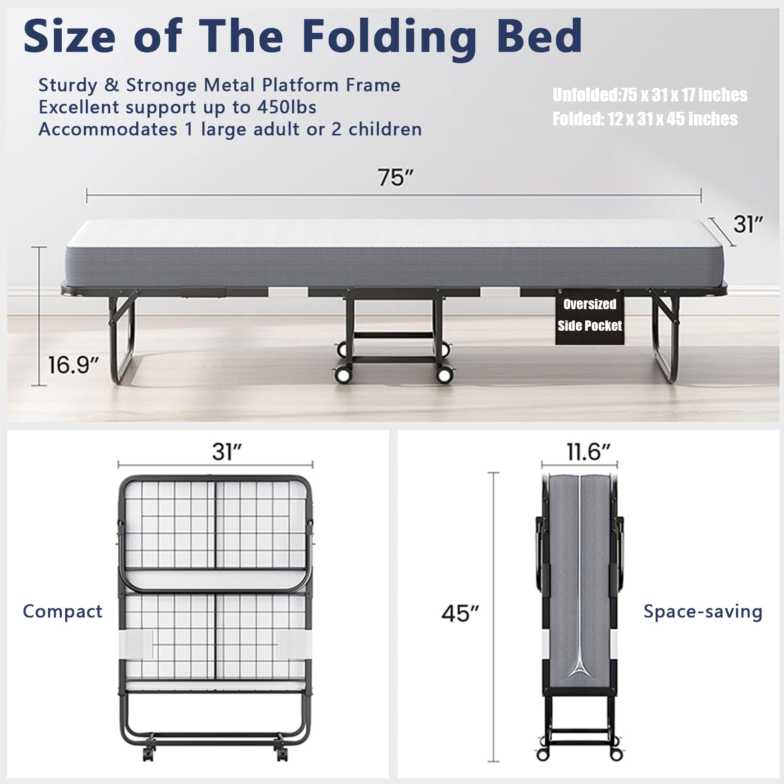 Niceway Premium Foldable & Portable Folding Bed with Metal Platform - 75 x 31 Rollaway Beds with Sturdy Heavy Duty Frame - 5" Deluxe Memory Foam Mattress, Temporary Beds for Guests with Side Pocket