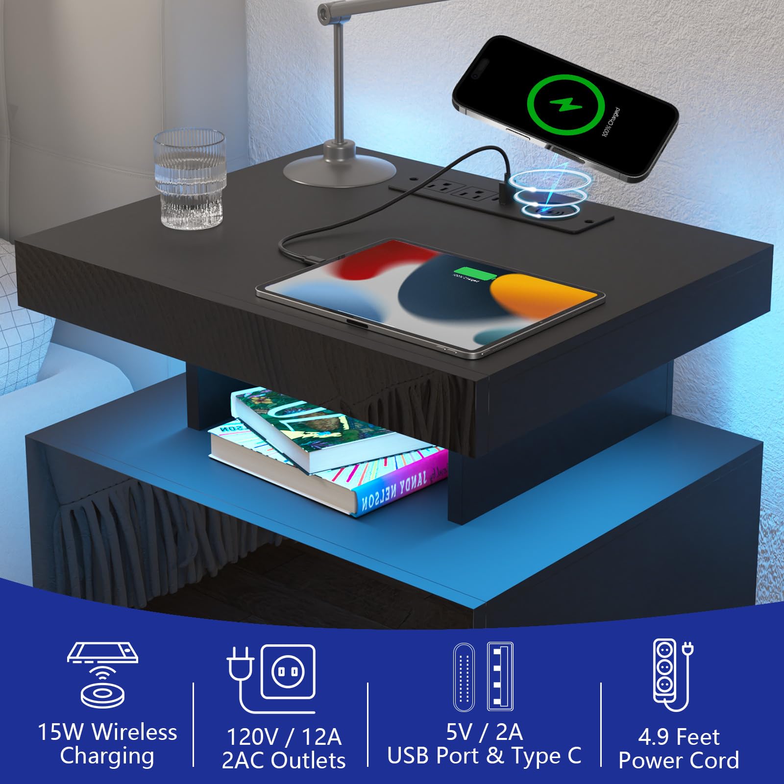 HOMMPA LED Nightstand with Wireless Charging Station & USB Ports High Gloss Bedside Table with LED Light RGB Adjustable Brightness Smart Nightstand 2 Drawers Night Stand for Bedroom Black