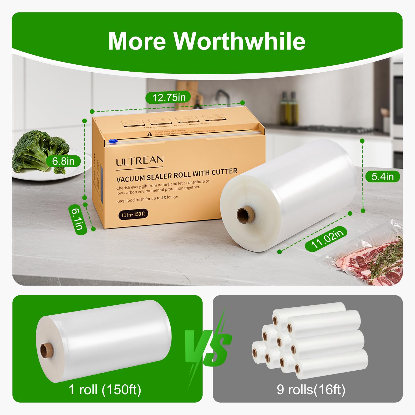 Ultrean 11" x 150' Vacuum Seal Roll Keeper with Cutter, Commercial Grade Vacuum Sealer Bags for Food Saver,BPA Free,Ideal for Storage,Meal Prep and Sous Vide (11" x 150')