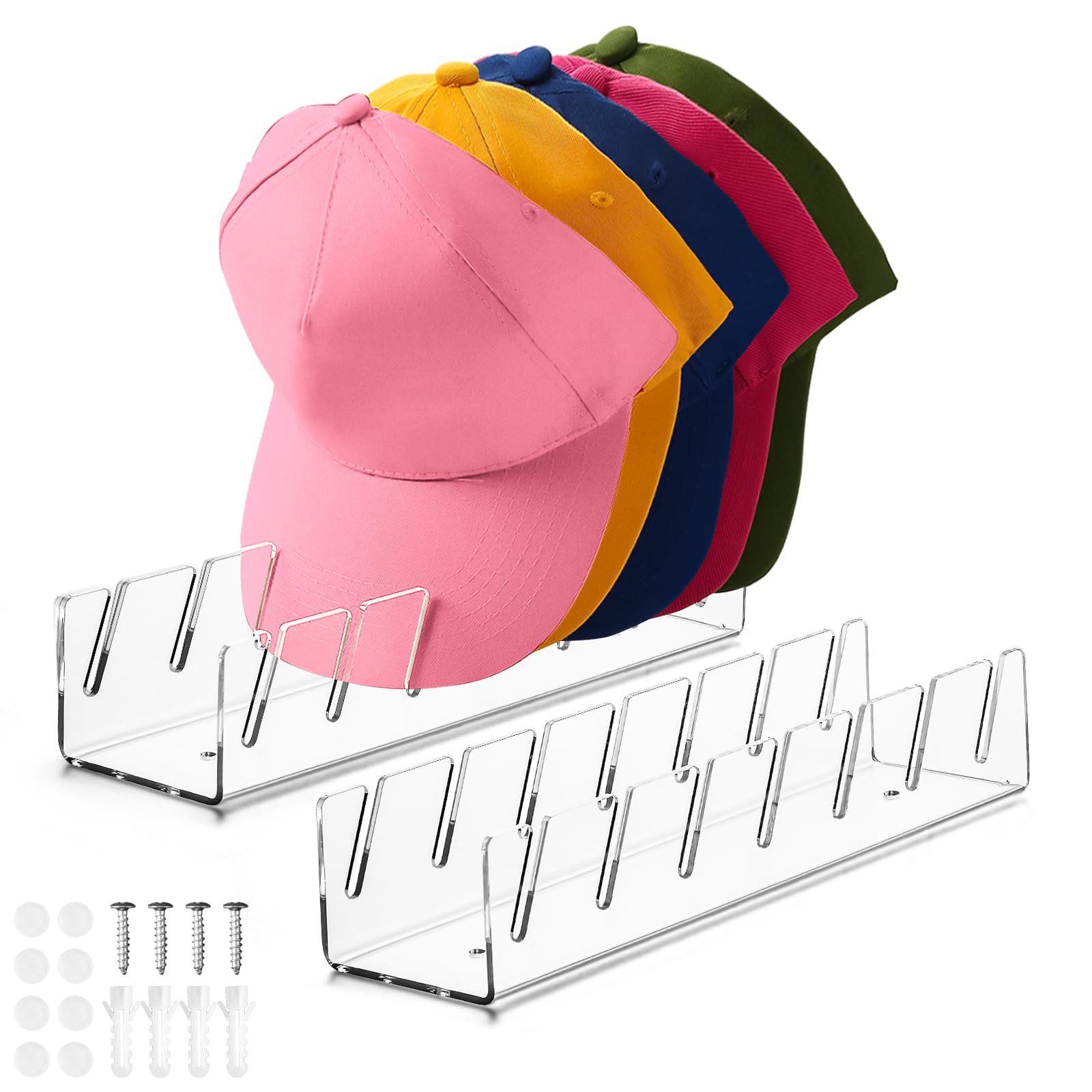 Wangjinpeng Hat Stand for Baseball Caps, 2 Pcs Acrylic Hat Organizer for 14 Baseball Caps, Hat storage for Baseball Caps Organizer and Display for Bedroom, Closet, Dresser, Office and Wall (Clear*2)