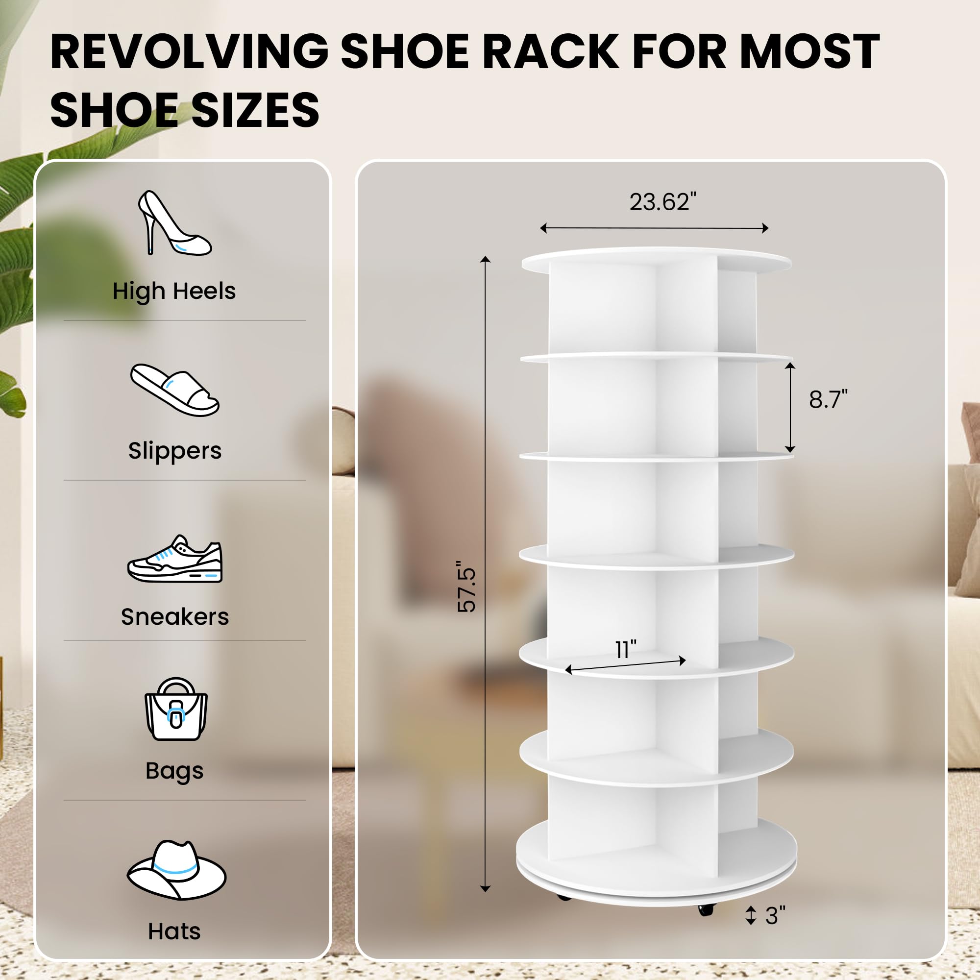 Gujiam 6-Tier Rotating Shoe Rack Tower 360 with Wheels, 57.5in Spinning Shoe Rack, Revolving Shoe Rack, Shoe Carousel Closet Organizer, Free Standing Shoe Rack for Entryway Living Room Hallway White