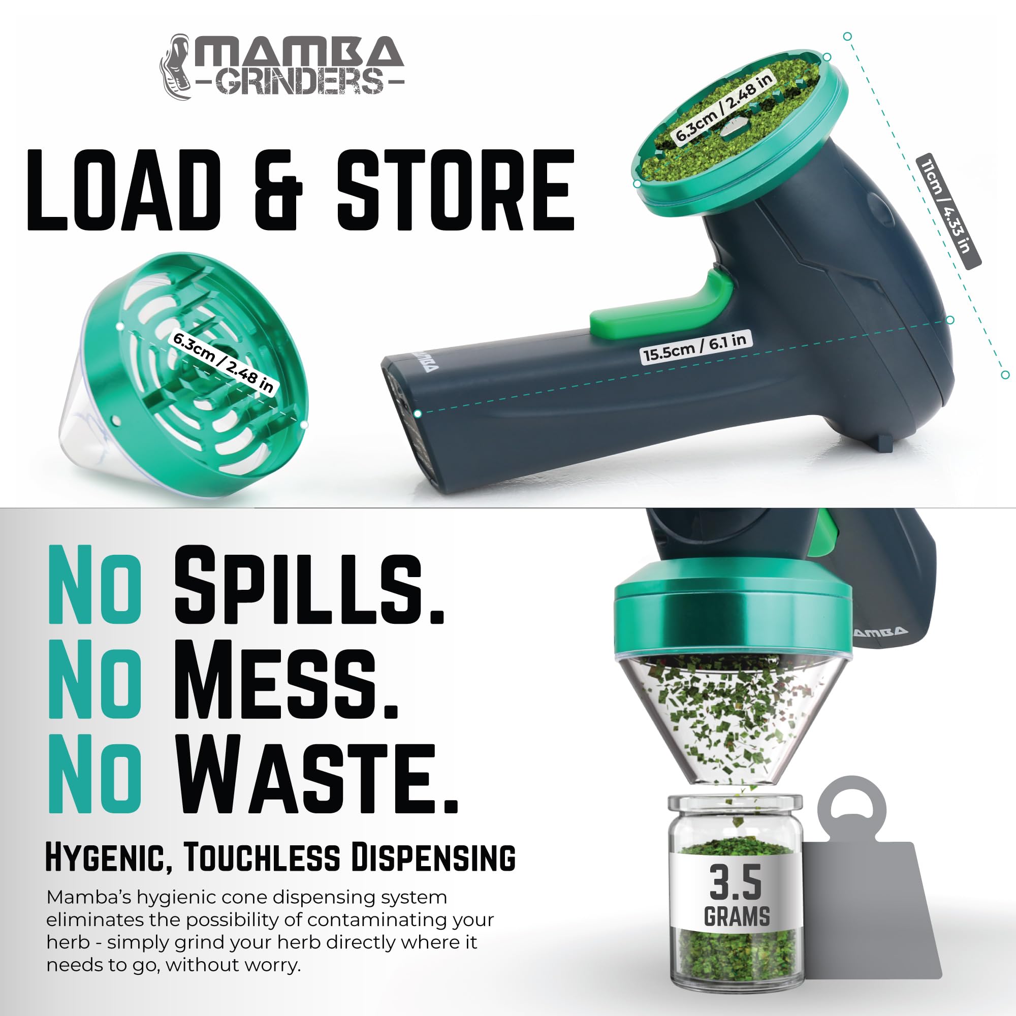 Mamba Monster 3.5g Green Portable Electric Herb Grinder. Rechargeable USB Powered Essential Kitchen Spice Mill for One Handed Grinding