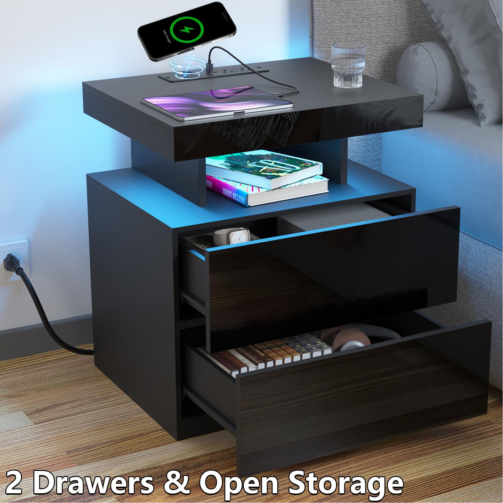 HOMMPA LED Nightstand with Wireless Charging Station & USB Ports High Gloss Bedside Table with LED Light RGB Adjustable Brightness Smart Nightstand 2 Drawers Night Stand for Bedroom Black