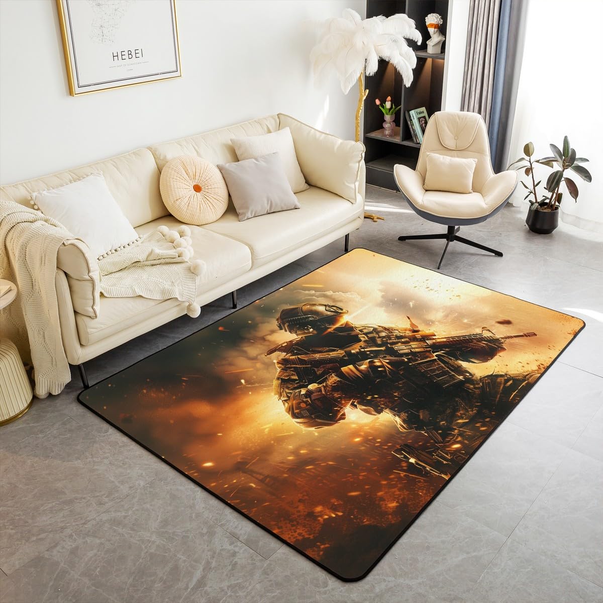 American Soldier Living Room Rugs 5x7 Army Rifle Machine Area Rug for Kids Teen Camo Soldiers Lover Carpet Runner Non Slip Military Themed Decorative Accent Rug Bedroom Decor