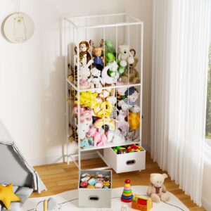 MJOMKN Metal Stuffed Animal Storage, Large Stuffed Animal Zoo, Toy Organizer and Storage with Elastic String and 2 drawers, Stuffed Animal Organizer and Holder in Playroom, Bedroom, Nursery