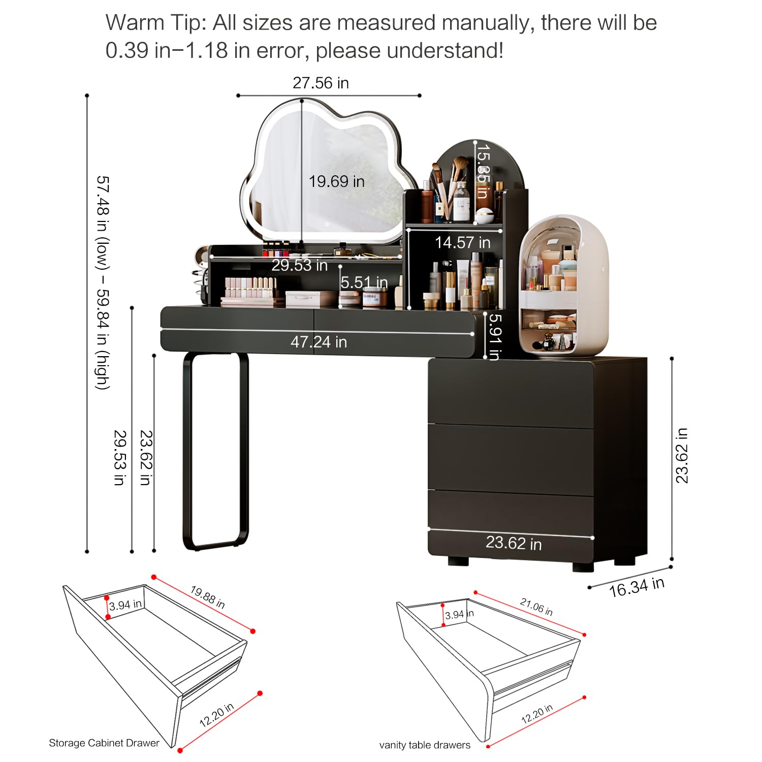 YYJ Makeup Vanity Table with 27.5 * 19.7in Lighted Mirror,Power Strip Charging Station, Vanity Desk with Storage Shelves,3 Lighting Modes, Brightness Adjustable,Writing Desk with 5 Drawers, Black