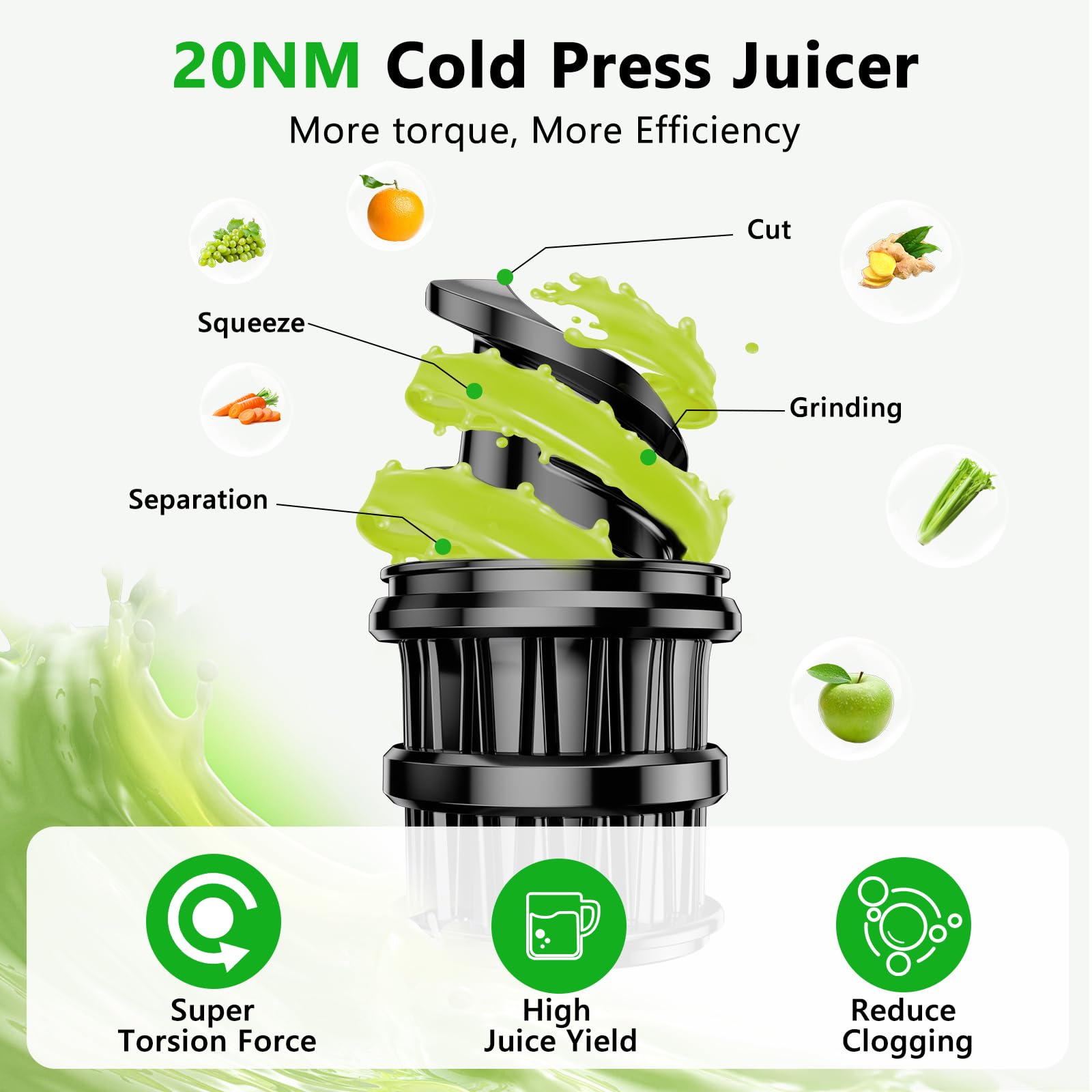 Catlyn Cold Press Juicer Machines, 5.3-inch Extra Large Feed Chute Easy to Clean Fruit Vegetable Jugos Professional Slow Masticating Juicer Machine Bpa Free