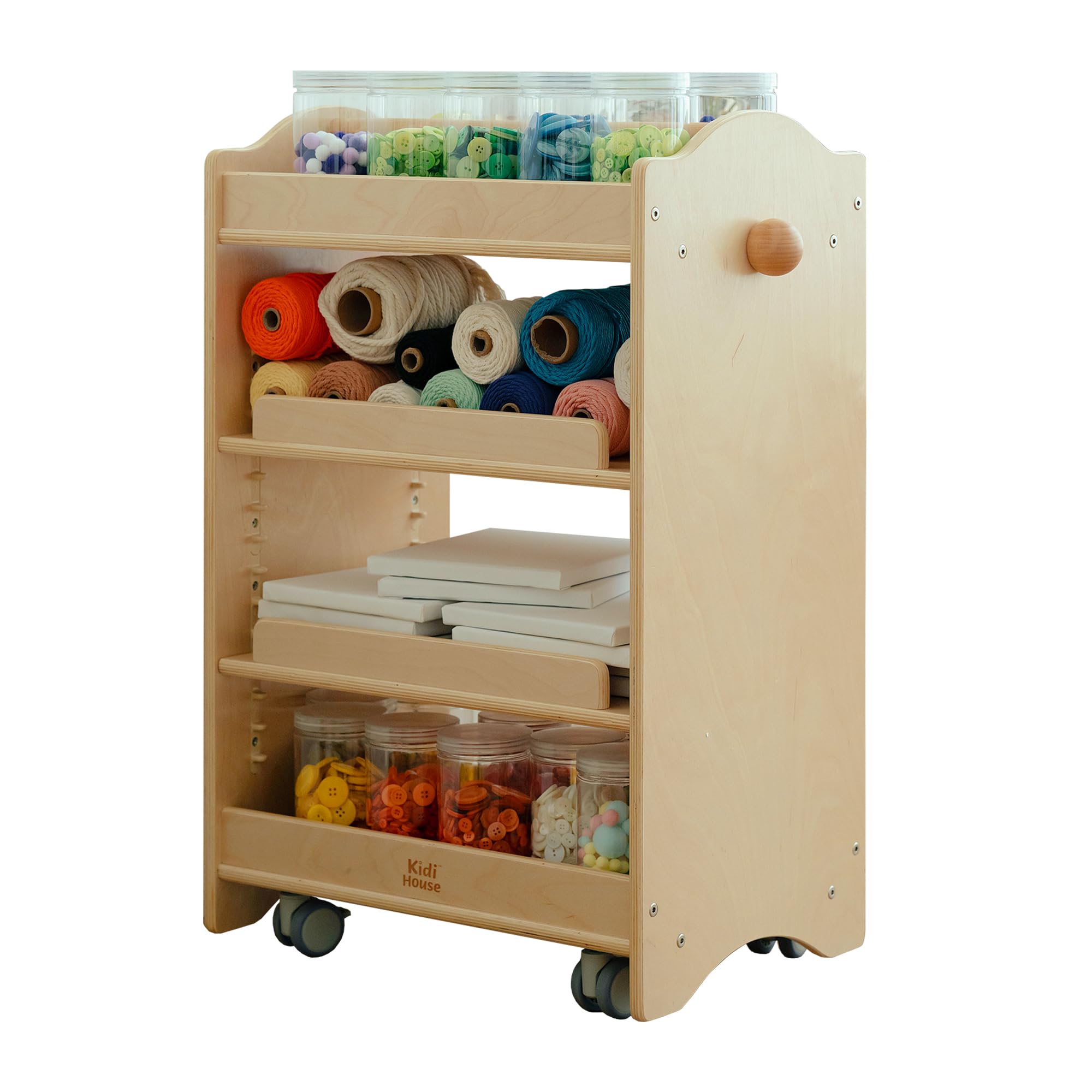 kidi house Rolling Storage Cart on Wheels 4-Tier Wooden Utility Cart Art Cart Organizer for Kids Multi-Functional Movable Birch Trolley Kids Bookshelf Art Crafts Supply Shelf Montessori Furniture