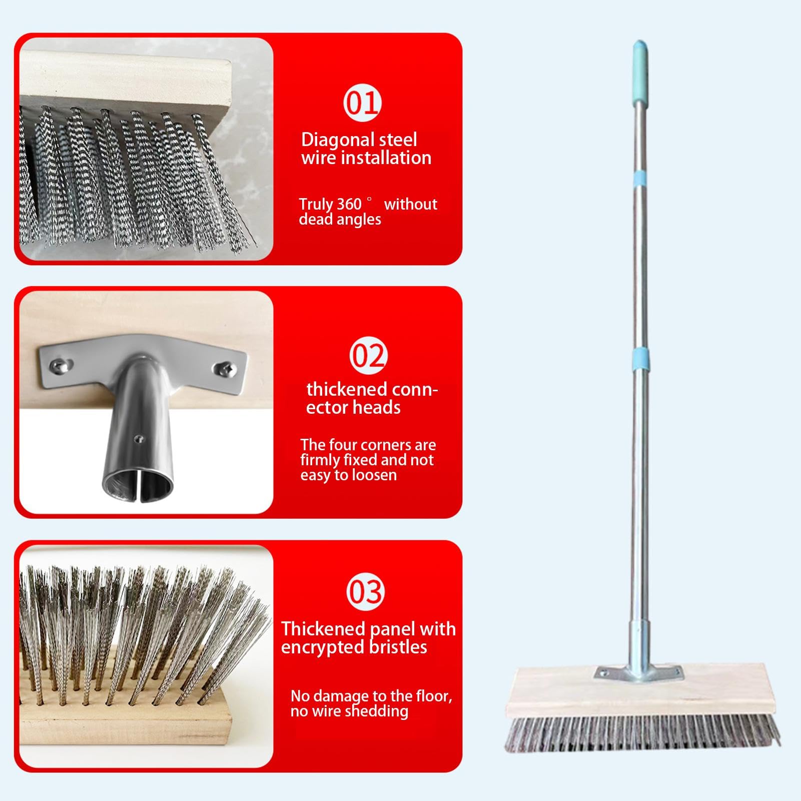 Stainless Steel Wire Broom Deck Scrub Brush with Long Handle, Stiff Metal Bristle Brush, Heavy Duty Floor Brush for Outdoor Patio Deck Garden